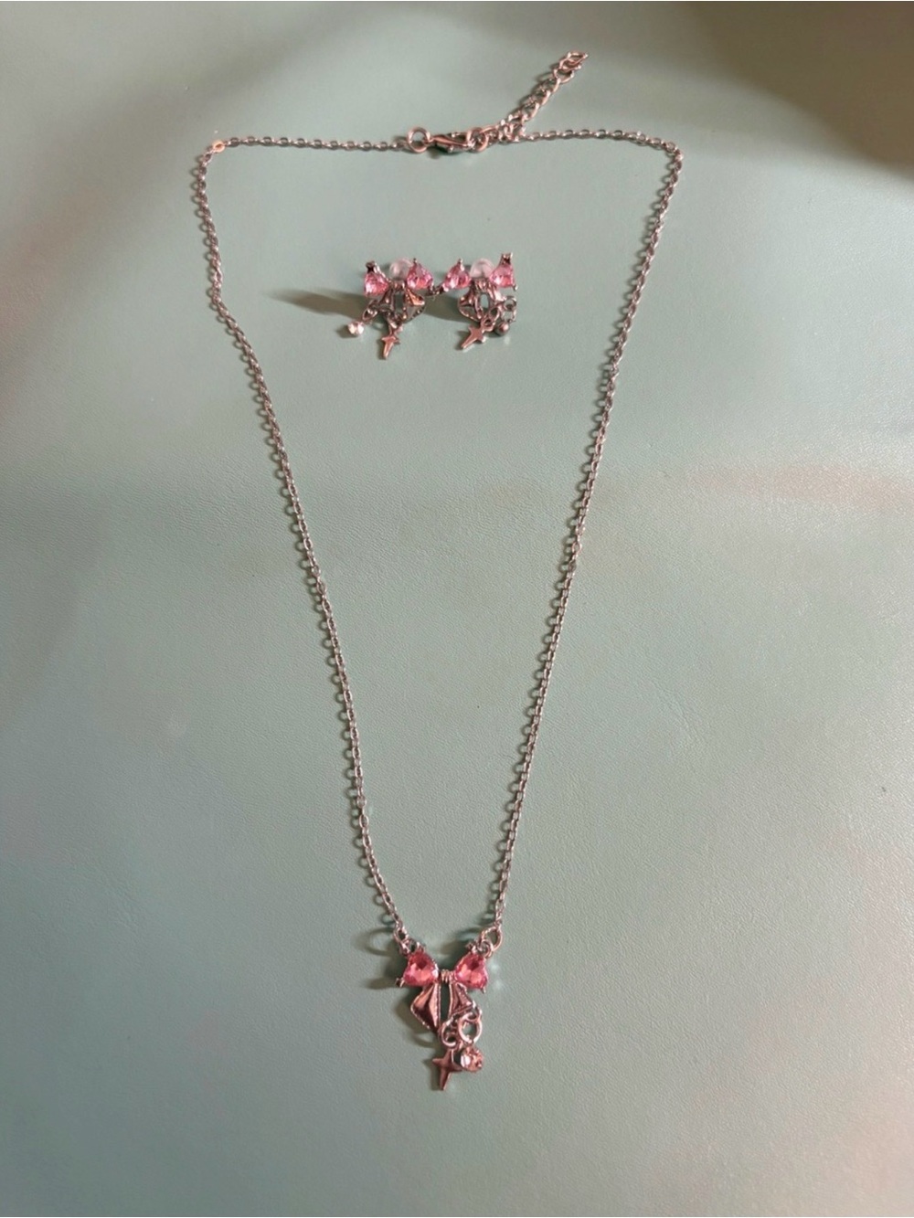 Silver-tone Pink Crystal Bow Necklace and Earring Set -NWOT